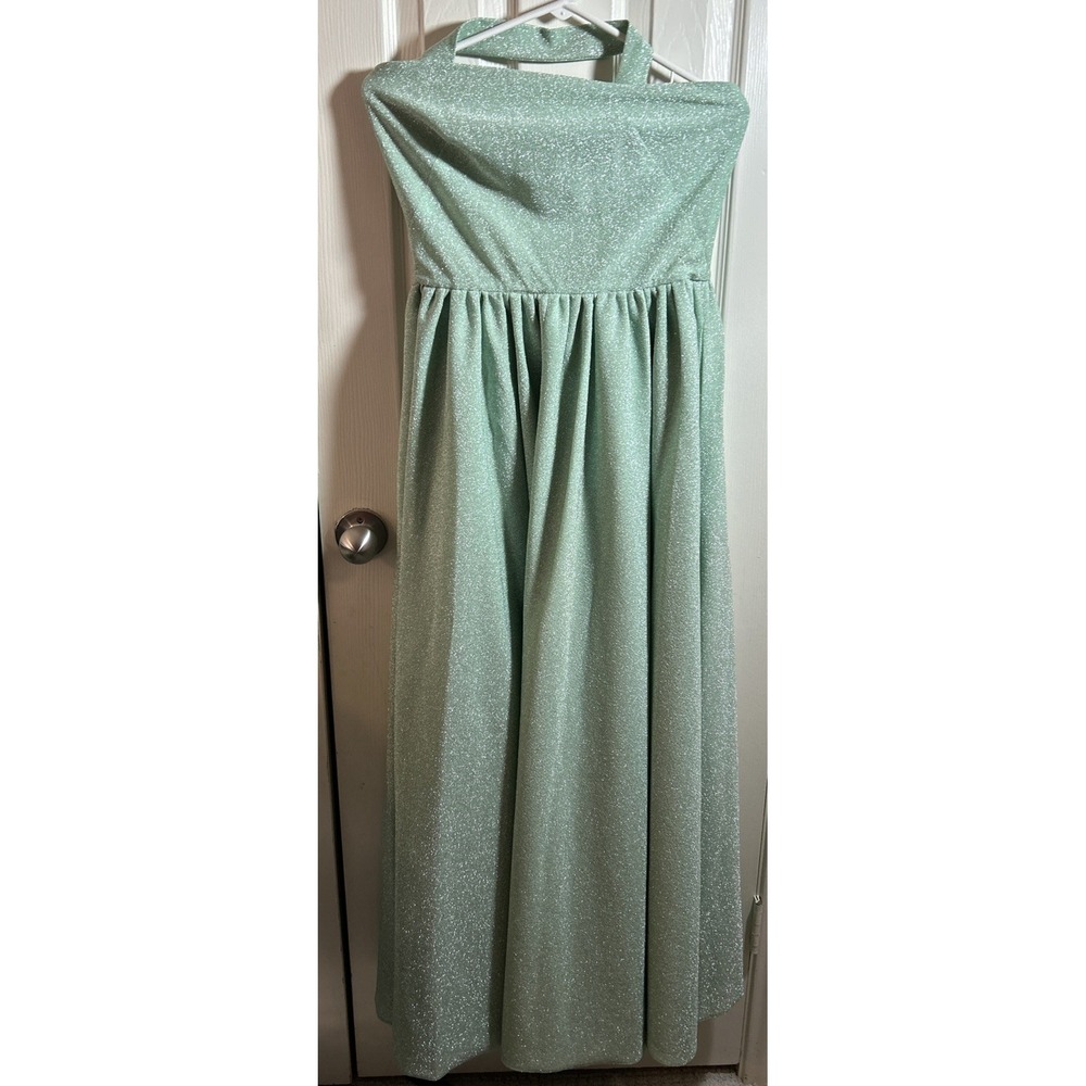 Pretty Sage Green Halter Maxi Sparkly Evening Party Bridesmaid Dress Size 4